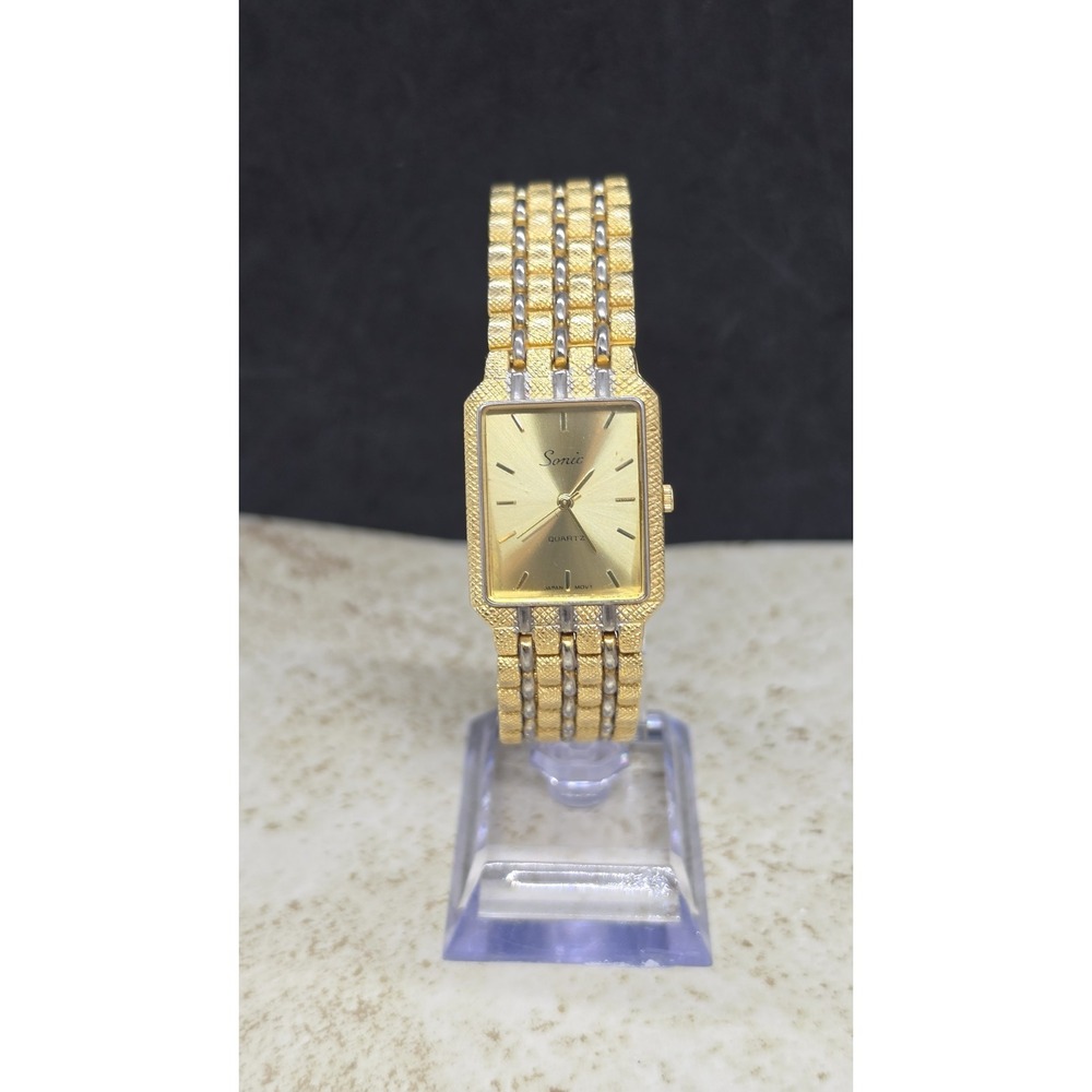 SONIC Gold Dial Tank Quartz Unisex Watch With Bracelet Band